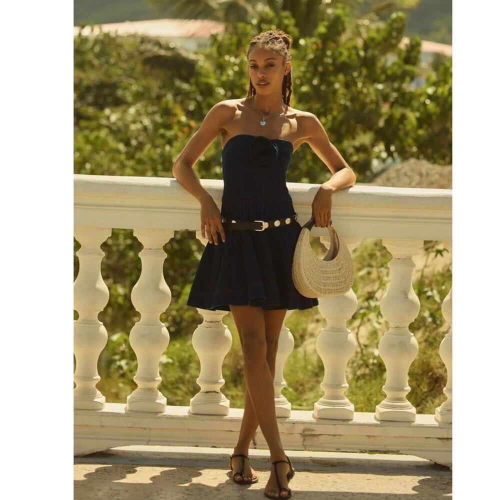 NWT Anthropologie Maeve Rosette Strapless Fit & Flare Denim Mini Dress $168 Sz 2